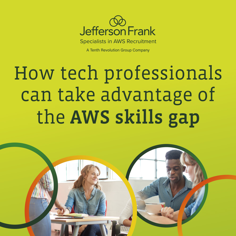 Two professionals talking with title 'how tech professionals can take advantage of the AWS skills gap'